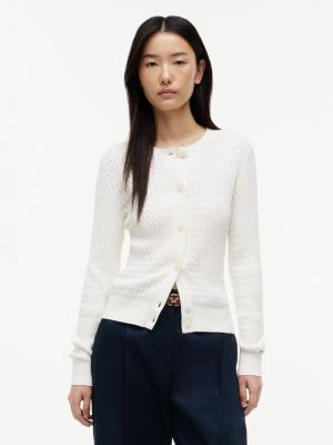 Cable Knit Crewneck Cardigan, Ivory Silk