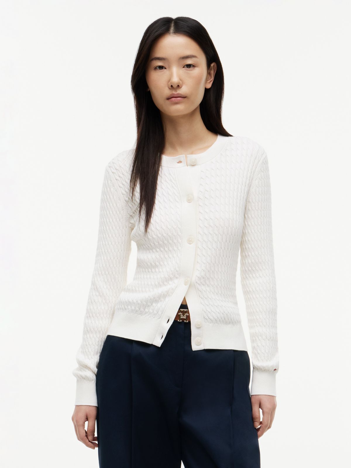 Cable Knit Crewneck Cardigan — Ivory Silk