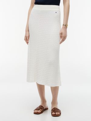 Cable Knit Midi Skirt, Ivory Silk