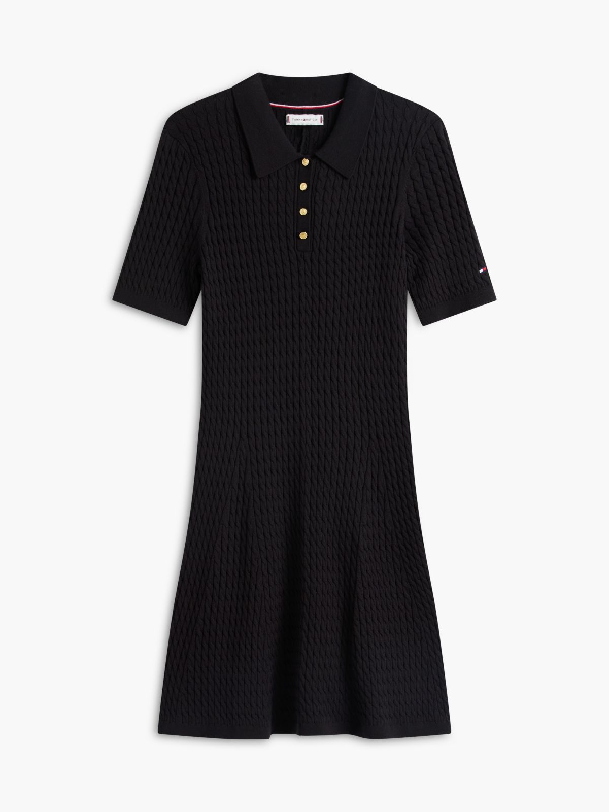 Short-Sleeve Cable Knit Polo Mini Dress — Black