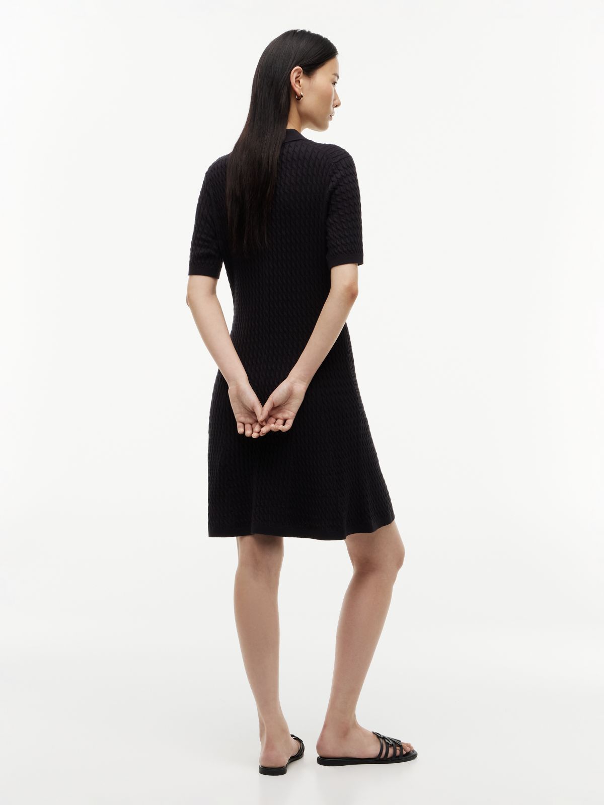 Short-Sleeve Cable Knit Polo Mini Dress — Black
