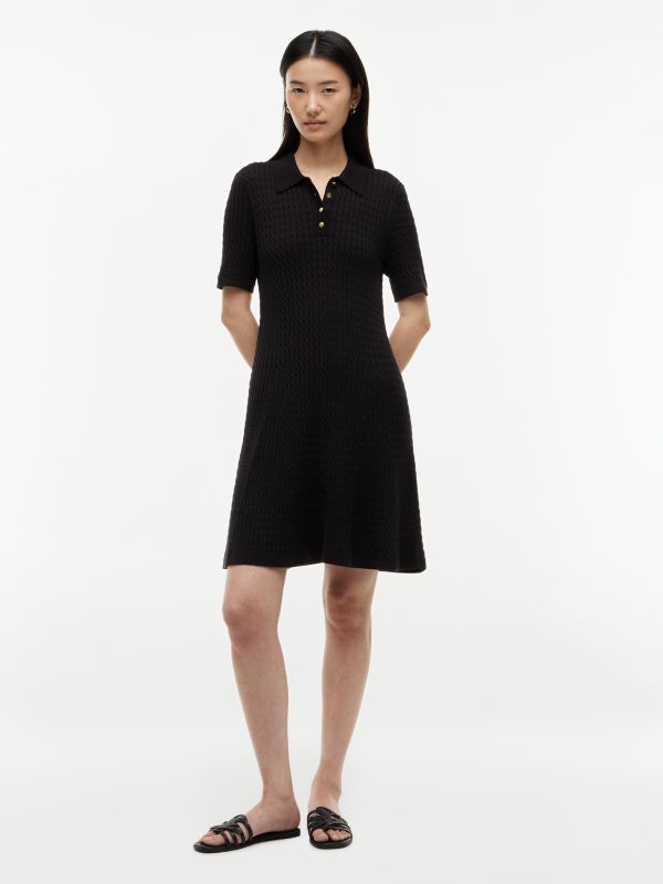 Short-Sleeve Cable Knit Polo Mini Dress — Black