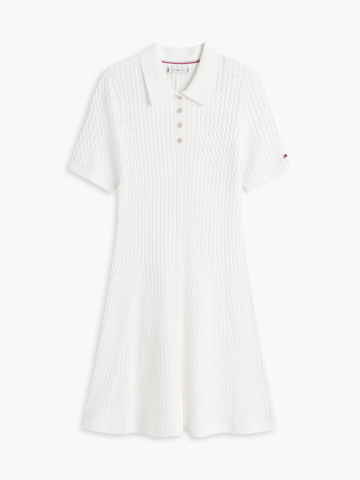 Short-Sleeve Cable Knit Polo Mini Dress — Ivory Silk