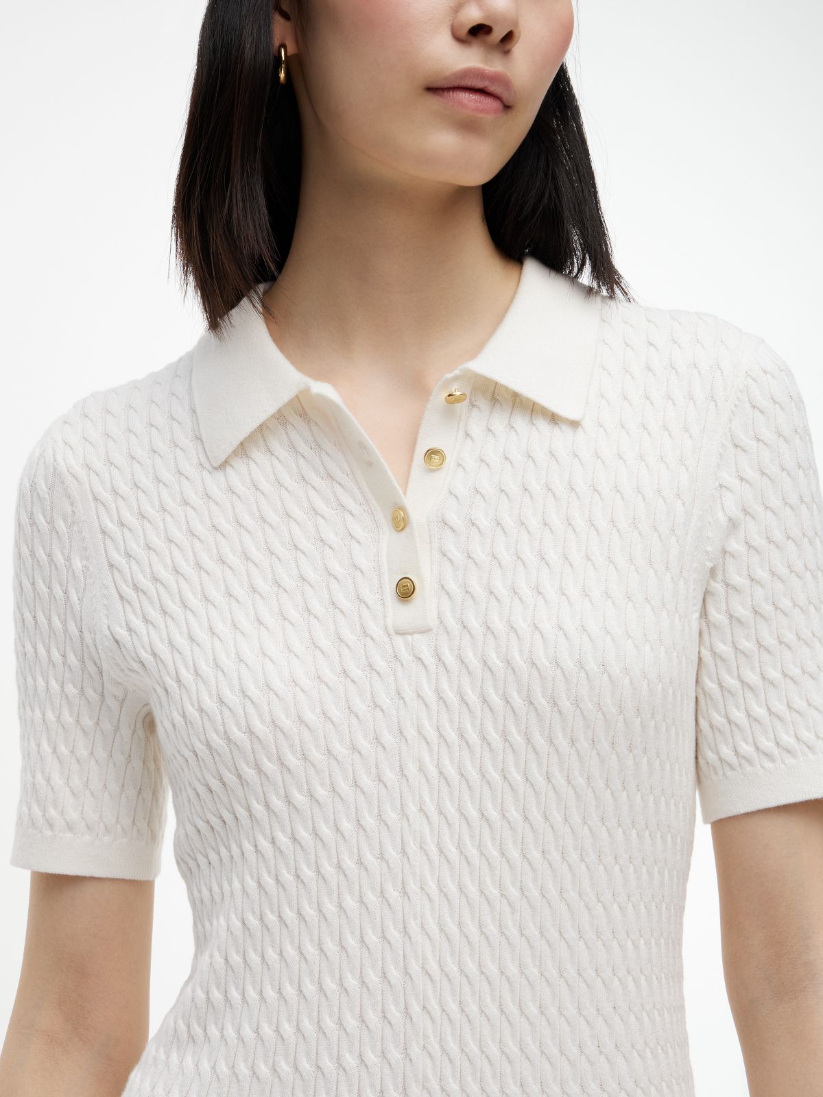 Short-Sleeve Cable Knit Polo Mini Dress — Ivory Silk