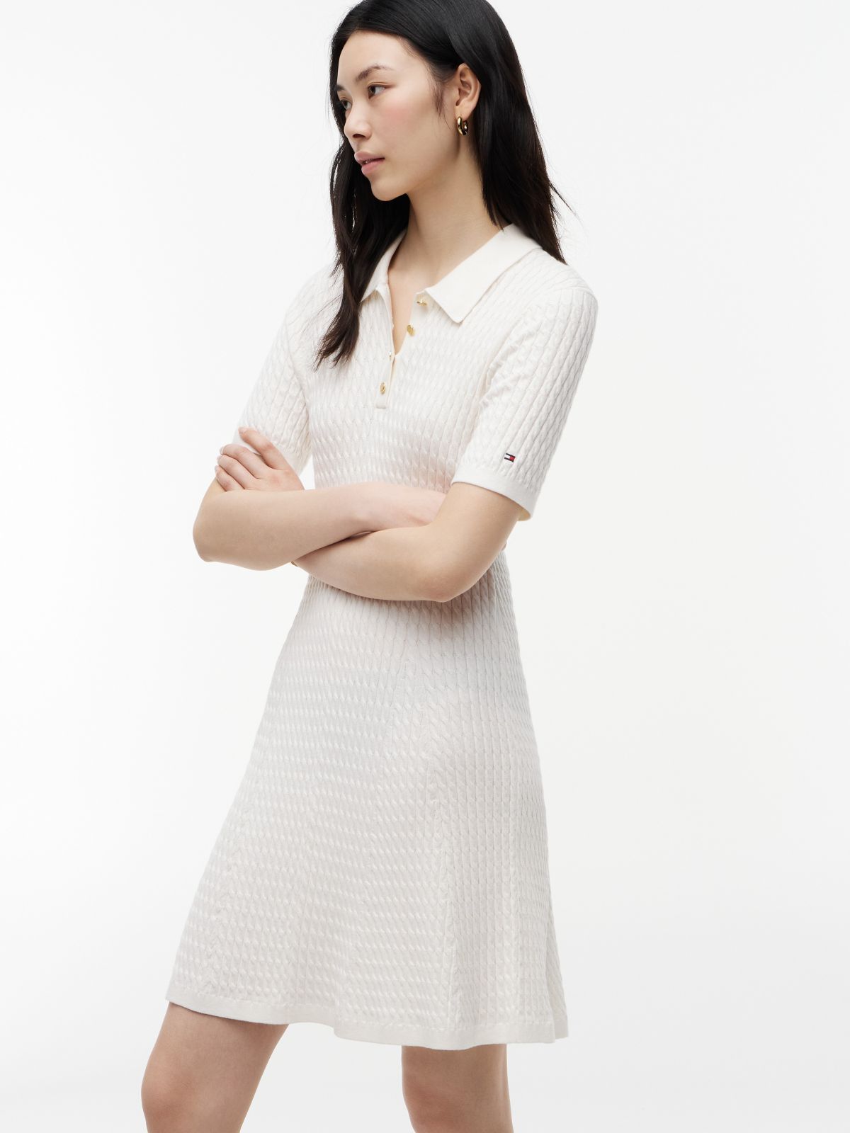 Short-Sleeve Cable Knit Polo Mini Dress — Ivory Silk