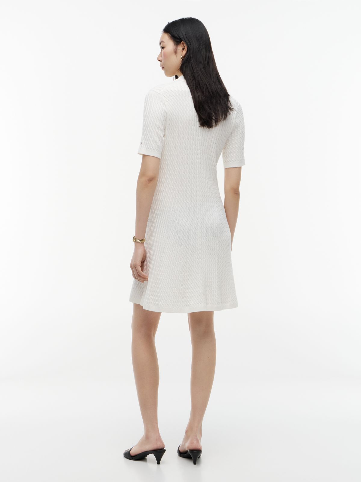 Short-Sleeve Cable Knit Polo Mini Dress — Ivory Silk