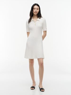 Short-Sleeve Cable Knit Polo Mini Dress, Ivory Silk