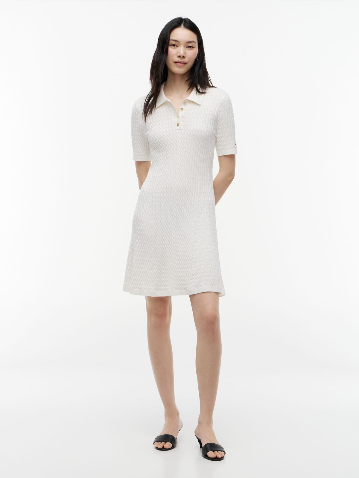 Short-Sleeve Cable Knit Polo Mini Dress — Ivory Silk