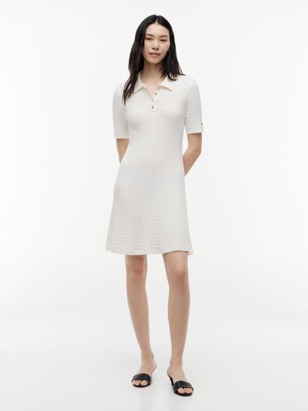 Short-Sleeve Cable Knit Polo Mini Dress — Ivory Silk
