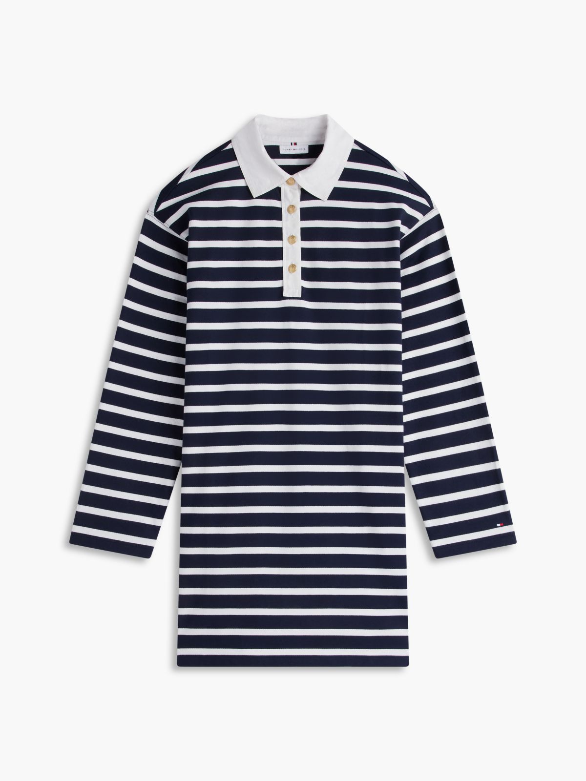 Gold-Button Striped Rugby Mini Dress — Navy Blue