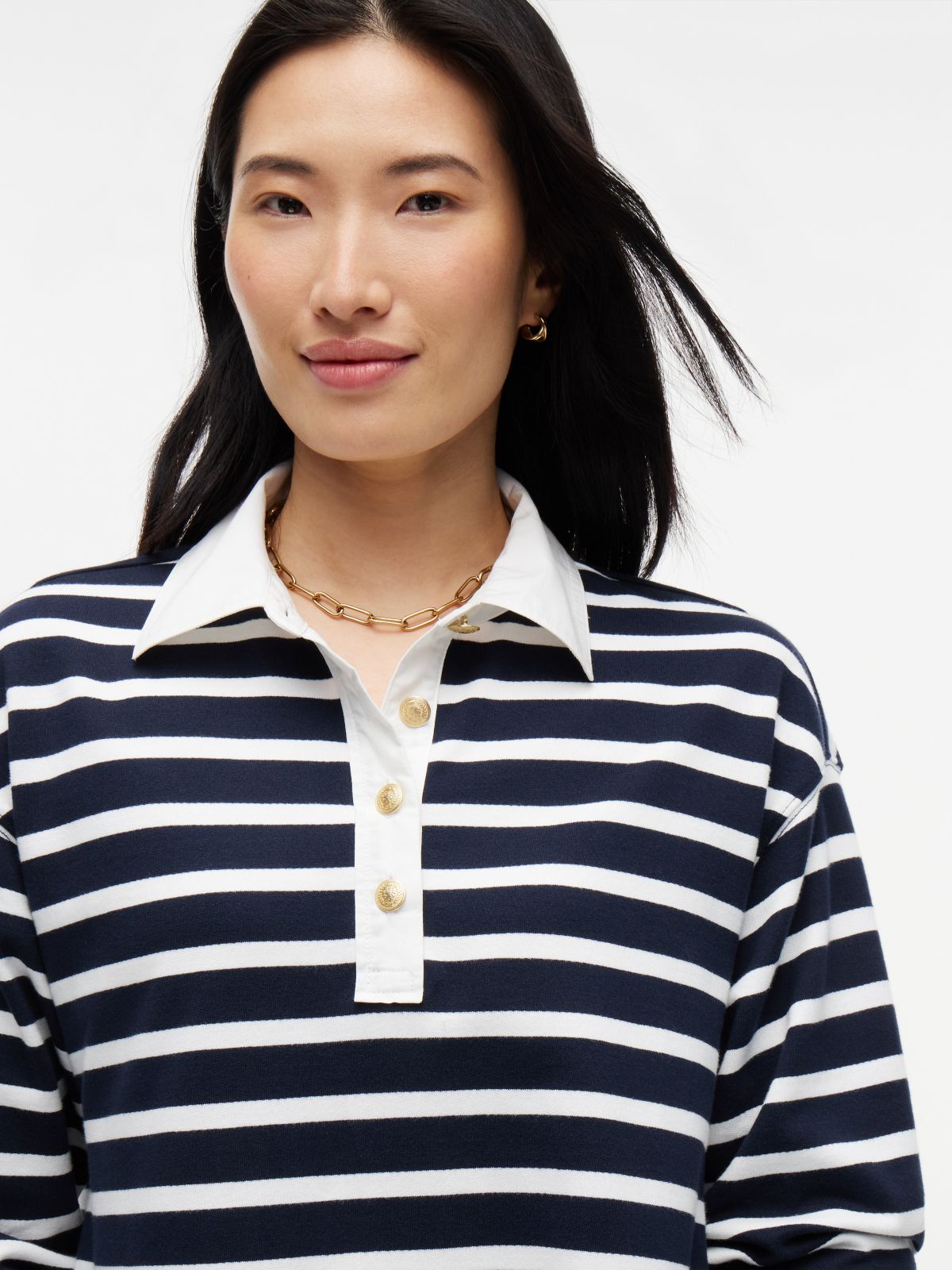 Gold-Button Striped Rugby Mini Dress — Navy Blue
