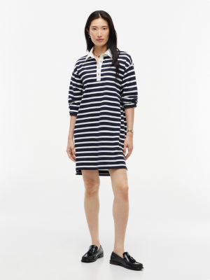 Gold-Button Striped Rugby Mini Dress, Navy Blue