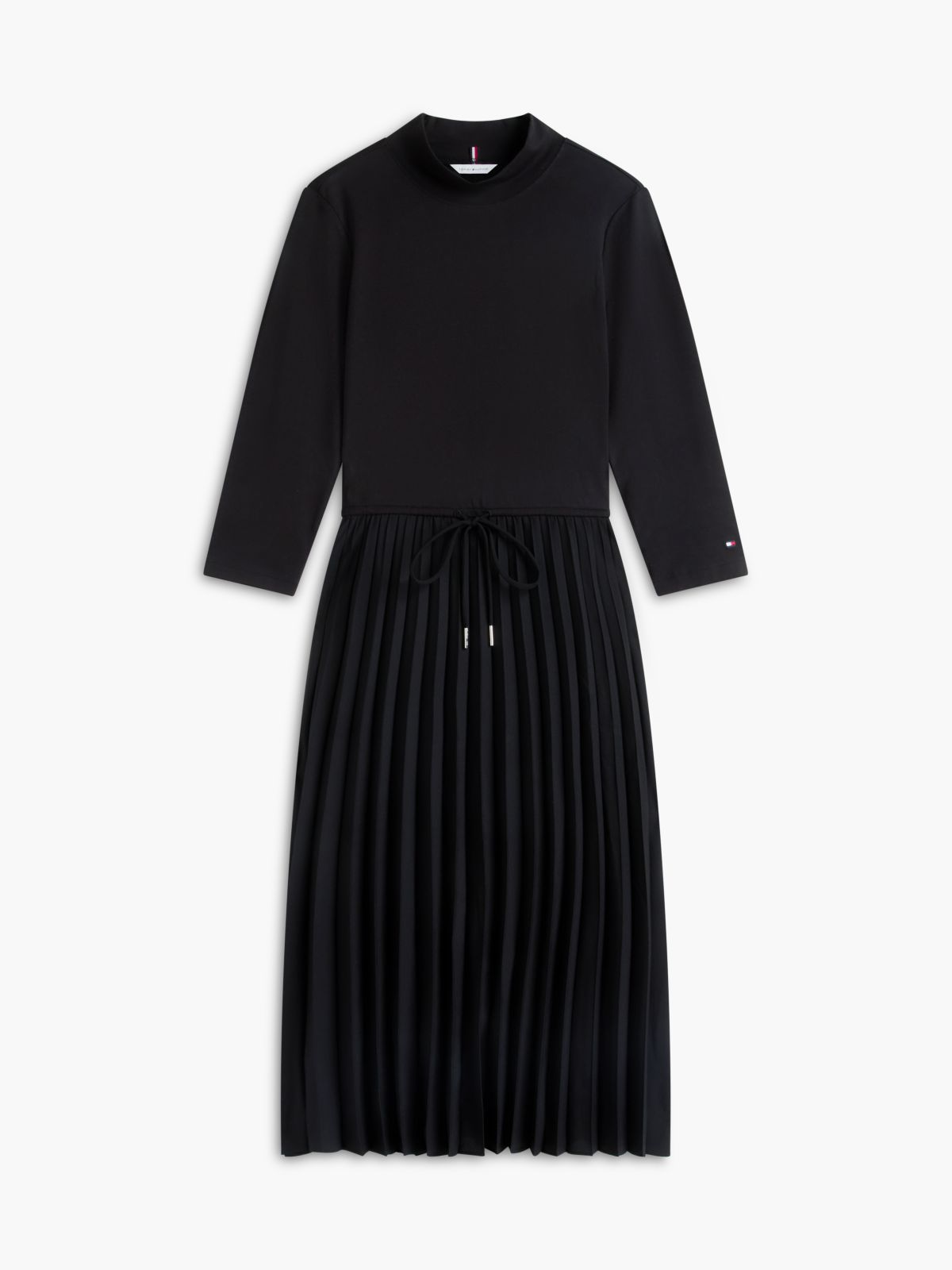 Mixed-Media Pleated Midi Dress — Black