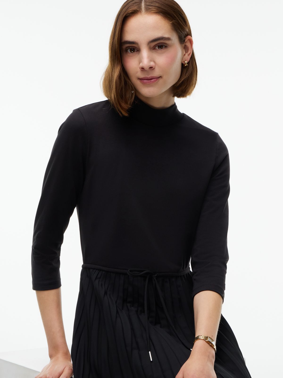 Mixed-Media Pleated Midi Dress — Black