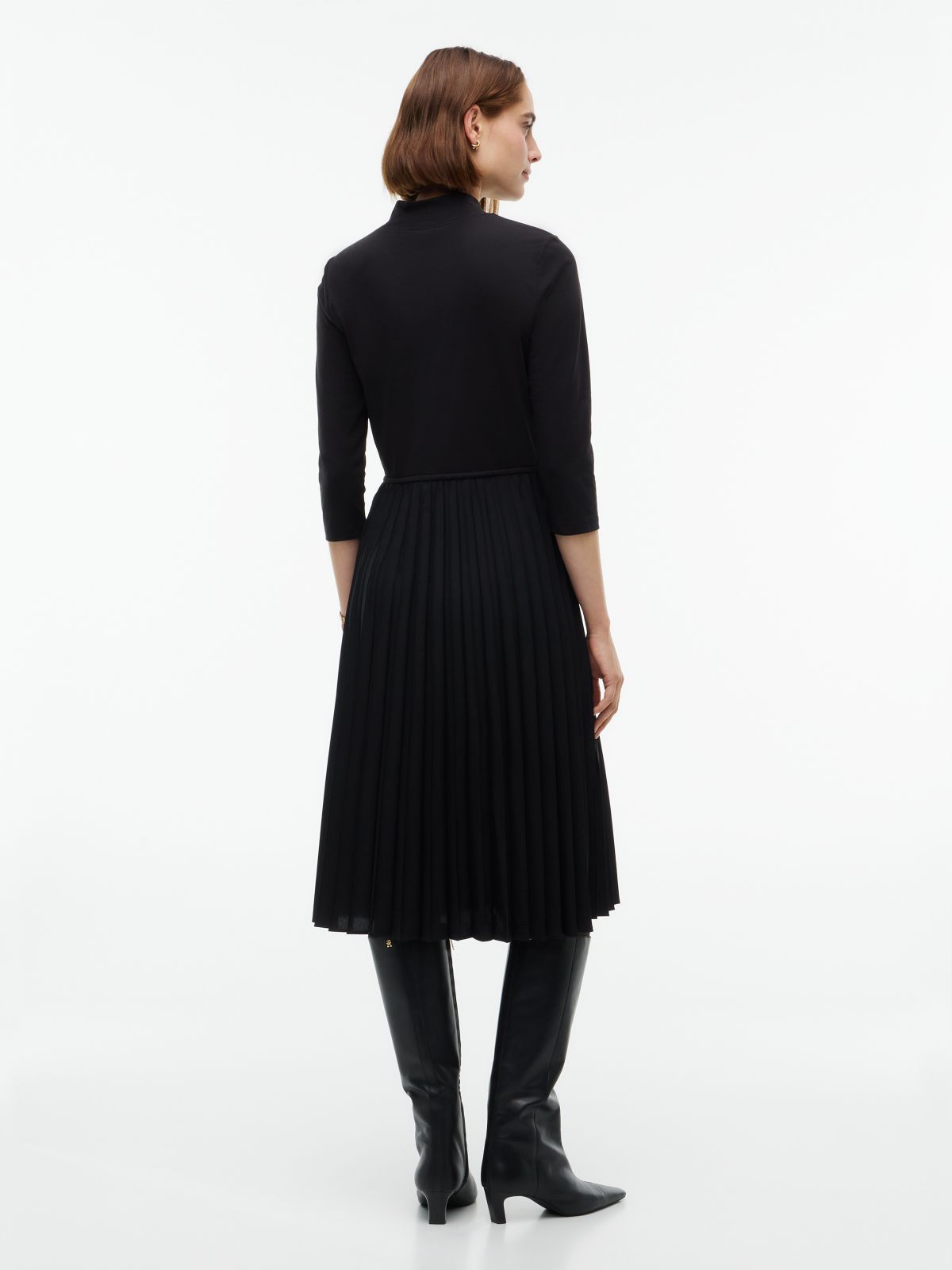 Mixed-Media Pleated Midi Dress — Black
