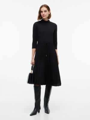 Mixed-Media Pleated Midi Dress, Black