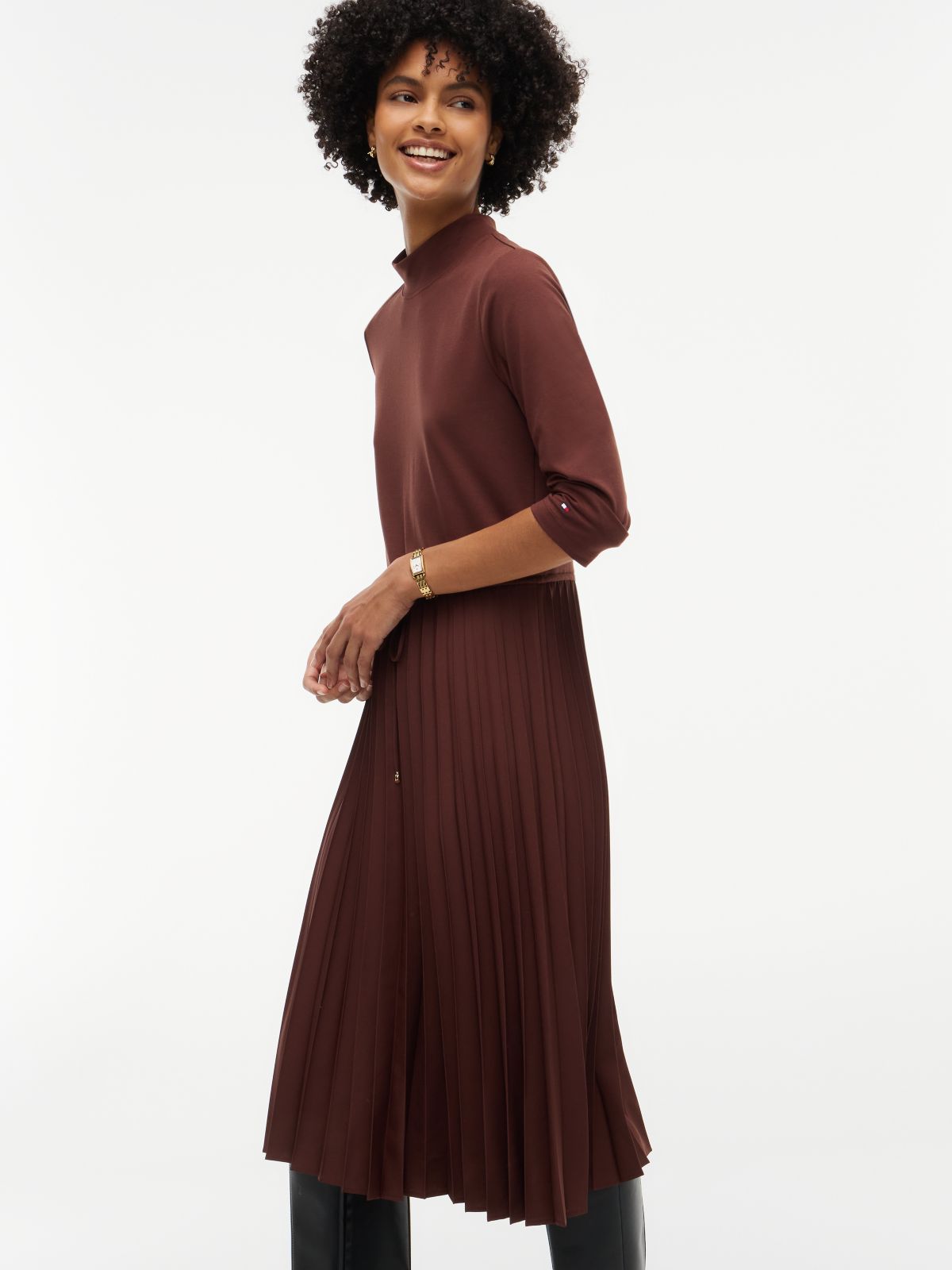 Mixed-Media Pleated Midi Dress — Pure Brown