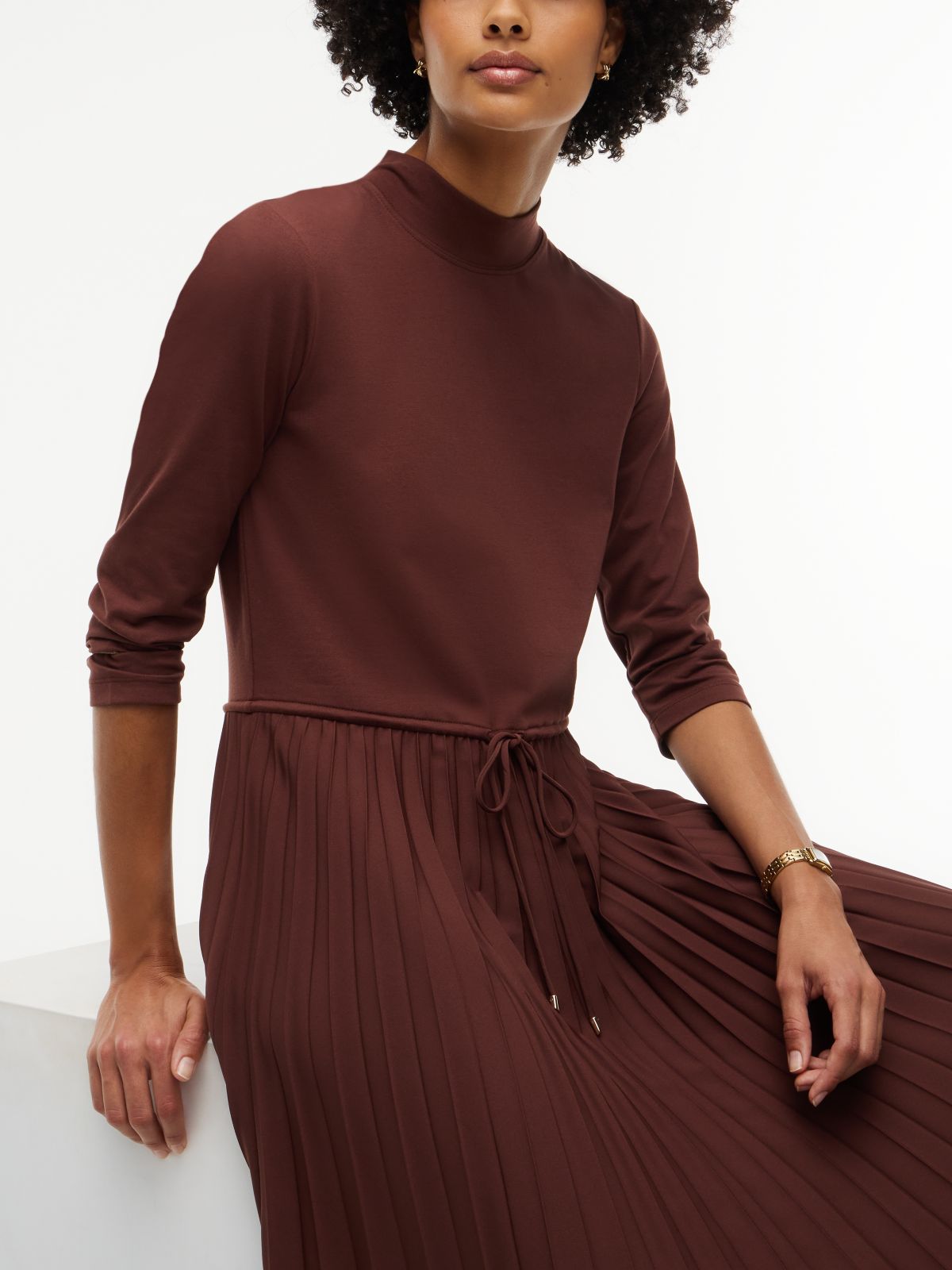 Mixed-Media Pleated Midi Dress — Pure Brown