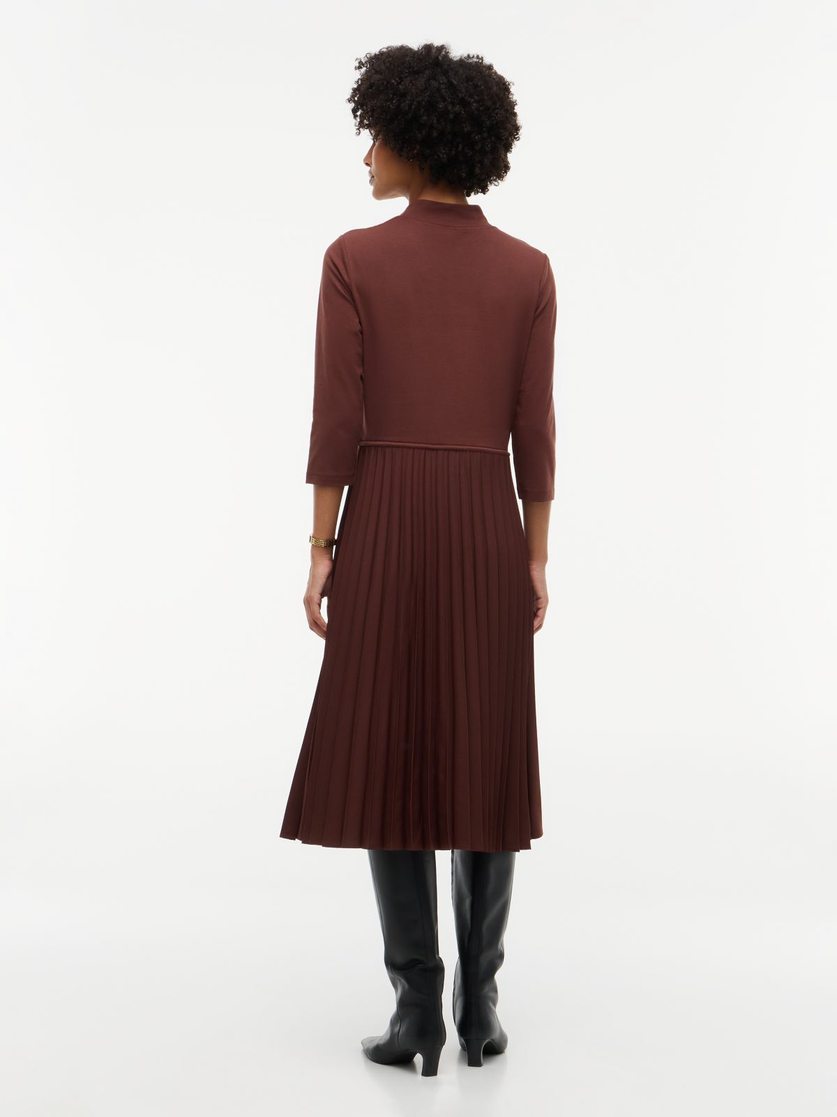 Mixed-Media Pleated Midi Dress — Pure Brown