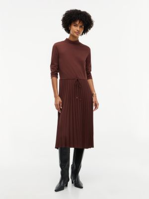 Mixed-Media Pleated Midi Dress, Pure Brown