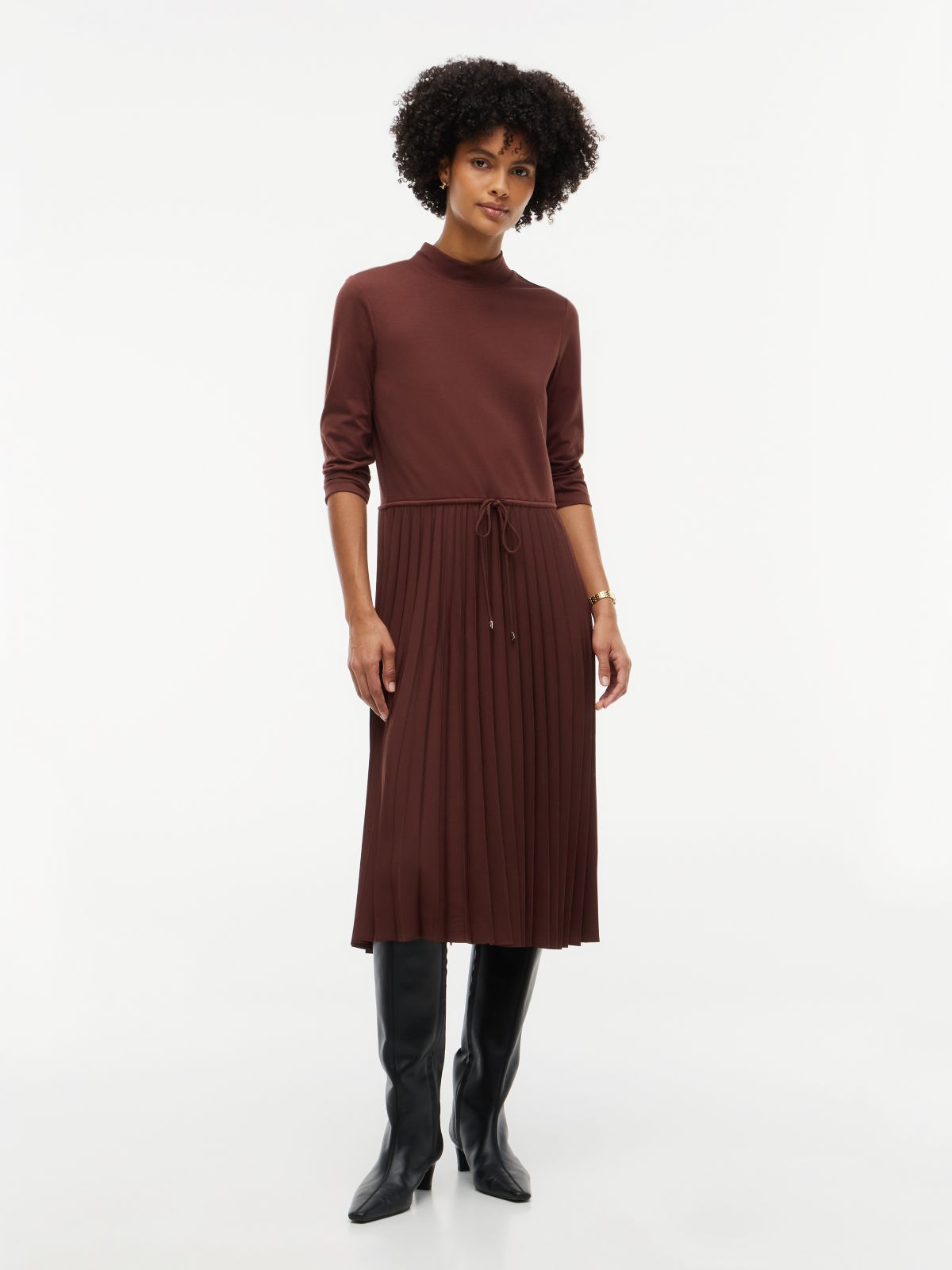 Mixed-Media Pleated Midi Dress — Pure Brown