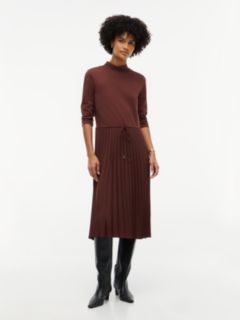 Mixed-Media Pleated Midi Dress — Pure Brown 1
