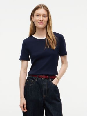 Ribbed Contrast-Collar T-Shirt, Navy Blue