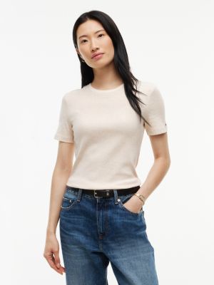 Ribbed Contrast-Collar T-Shirt, Beige