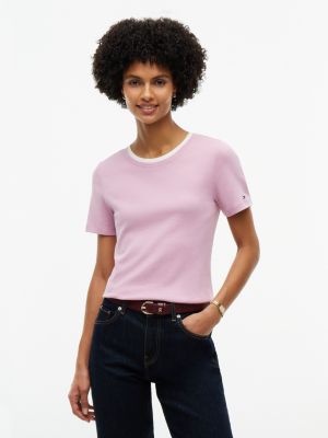 Ribbed Contrast-Collar T-Shirt, Mystic Orchid