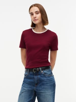 Ribbed Contrast-Collar T-Shirt, Burgundy