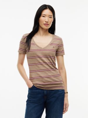 Striped V-Neck Favorite T-Shirt, Dark Beige