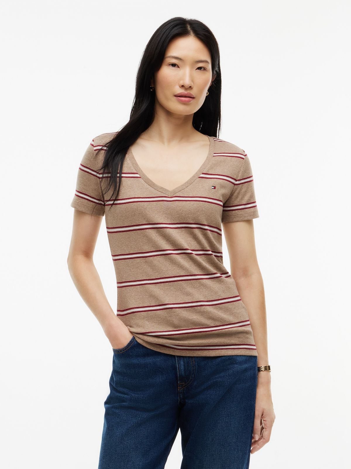 Striped V-Neck Favorite T-Shirt — Dark Beige