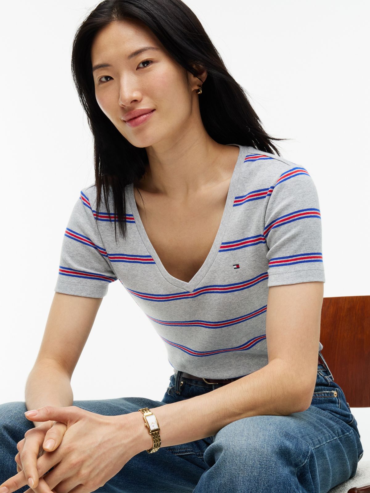 Striped V-Neck Favorite T-Shirt — Grey Heather