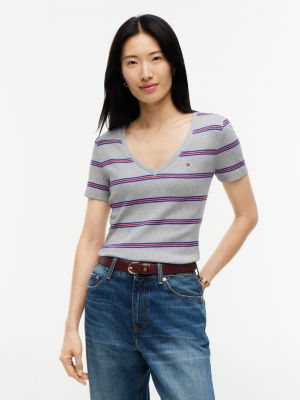 Slim Fit Striped V-Neck Favorite T-Shirt, Grey Heather