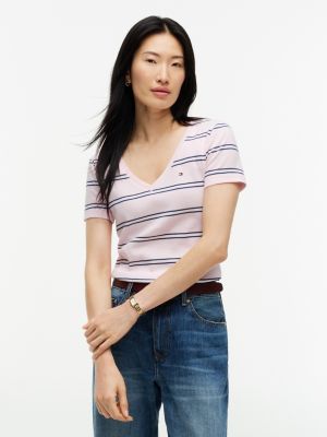 Slim Fit Striped V-Neck Favorite T-Shirt, Icy Pink