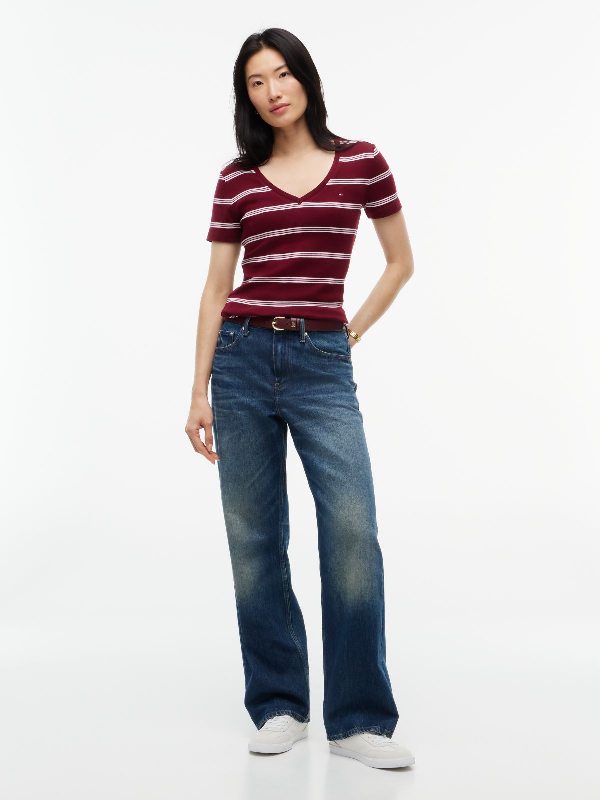 Striped V-Neck Favorite T-Shirt — Burgundy