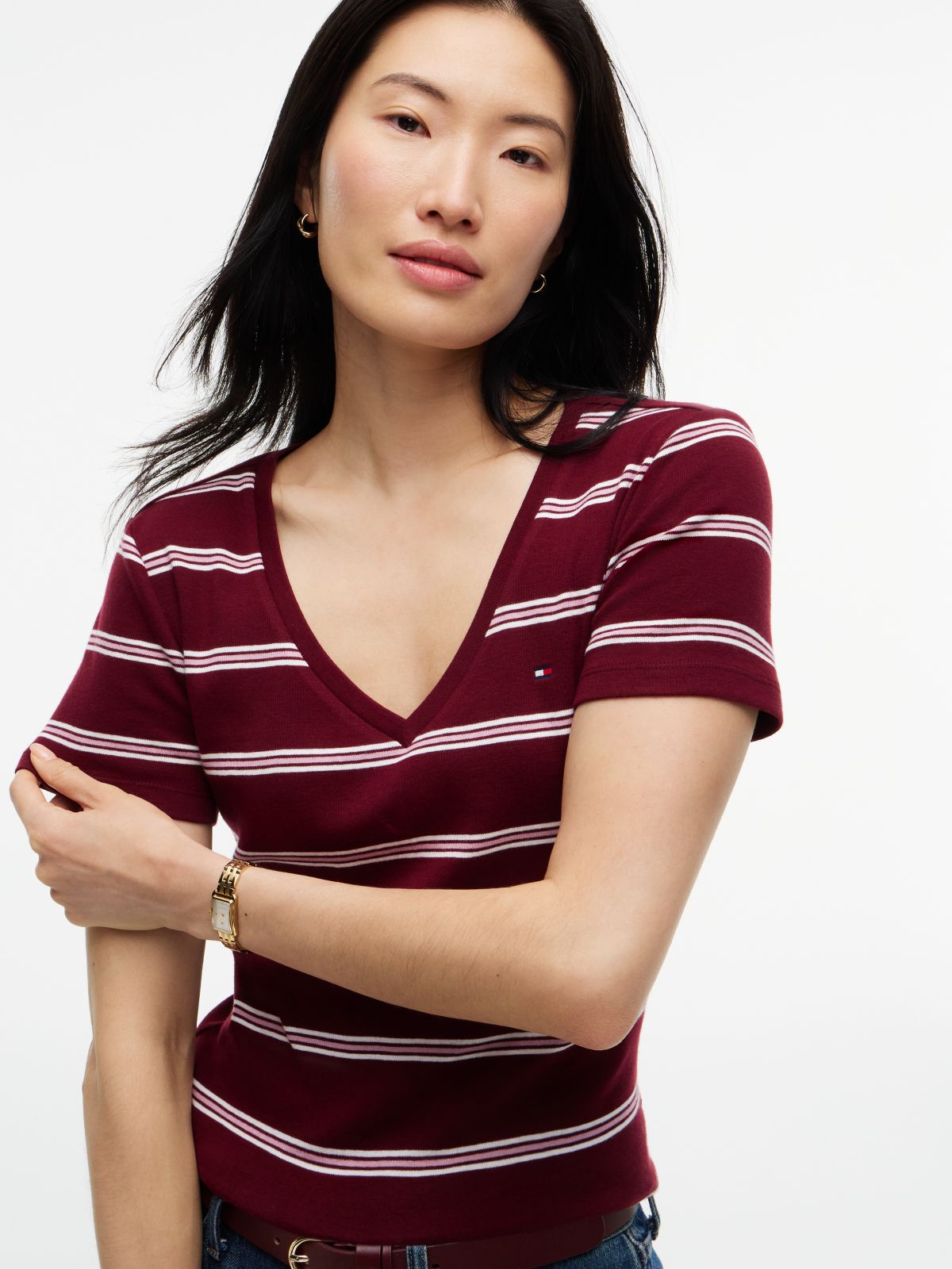 Striped V-Neck Favorite T-Shirt — Burgundy