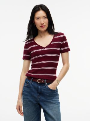 Striped V-Neck Favorite T-Shirt, Burgundy