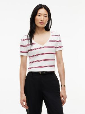 Slim Fit Striped V-Neck Favorite T-Shirt, Ecru