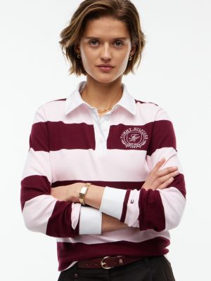 Женская футболка Tommy Hilfiger Crest Striped Interlock Rugby T-Shirt, цвет: Бордовый комбинированный — фото 3