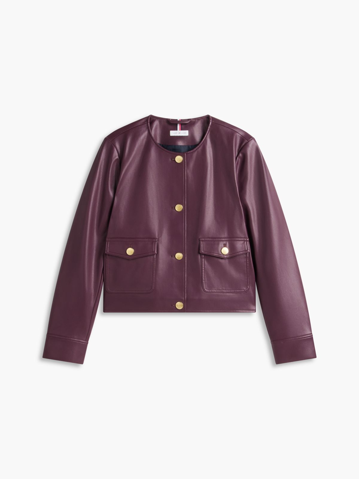 Gold-Button Faux Leather Lady Jacket — Deep Burgundy
