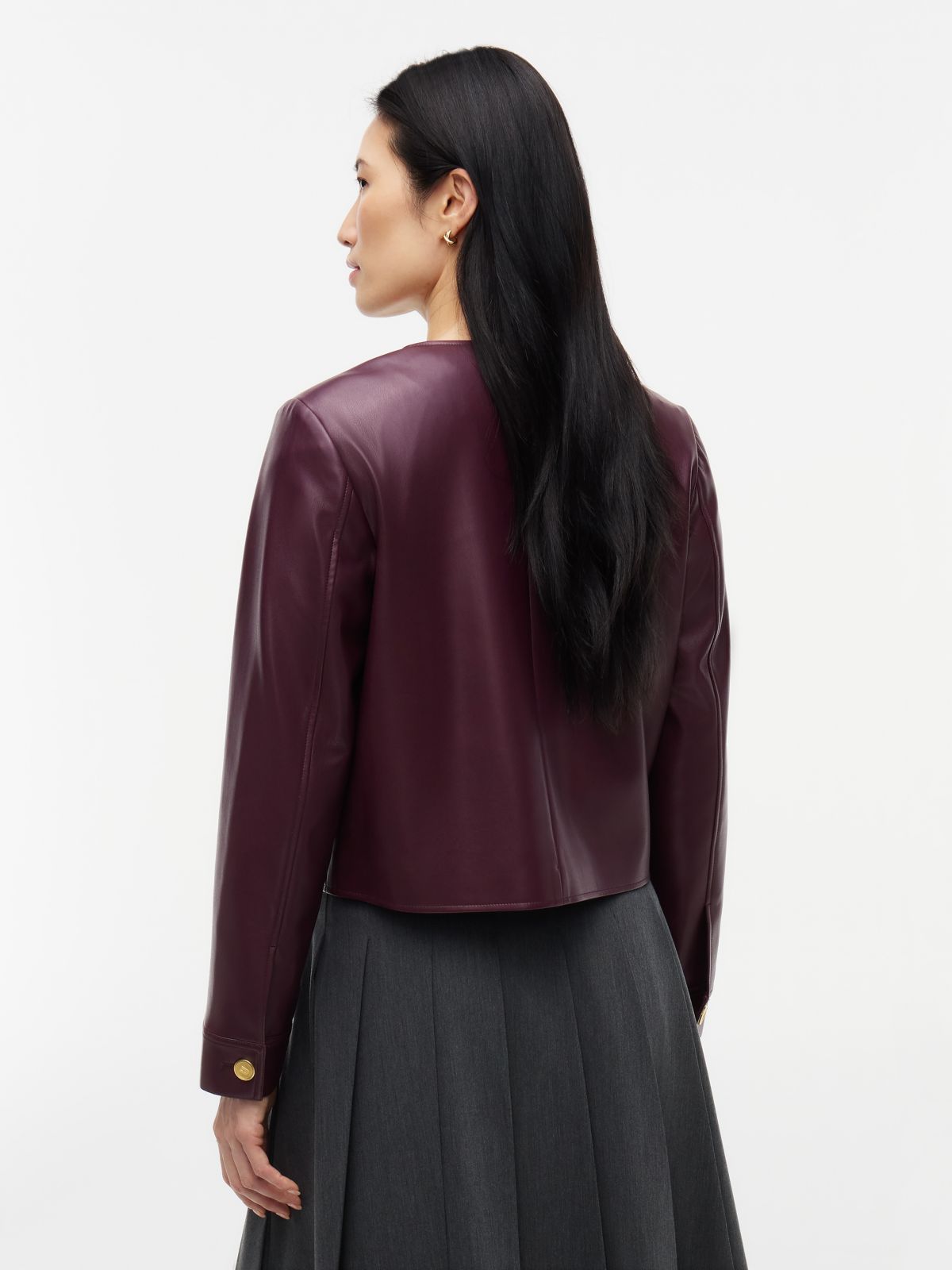 Gold-Button Faux Leather Lady Jacket — Deep Burgundy