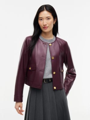 Gold-Button Faux Leather Lady Jacket, Deep Burgundy
