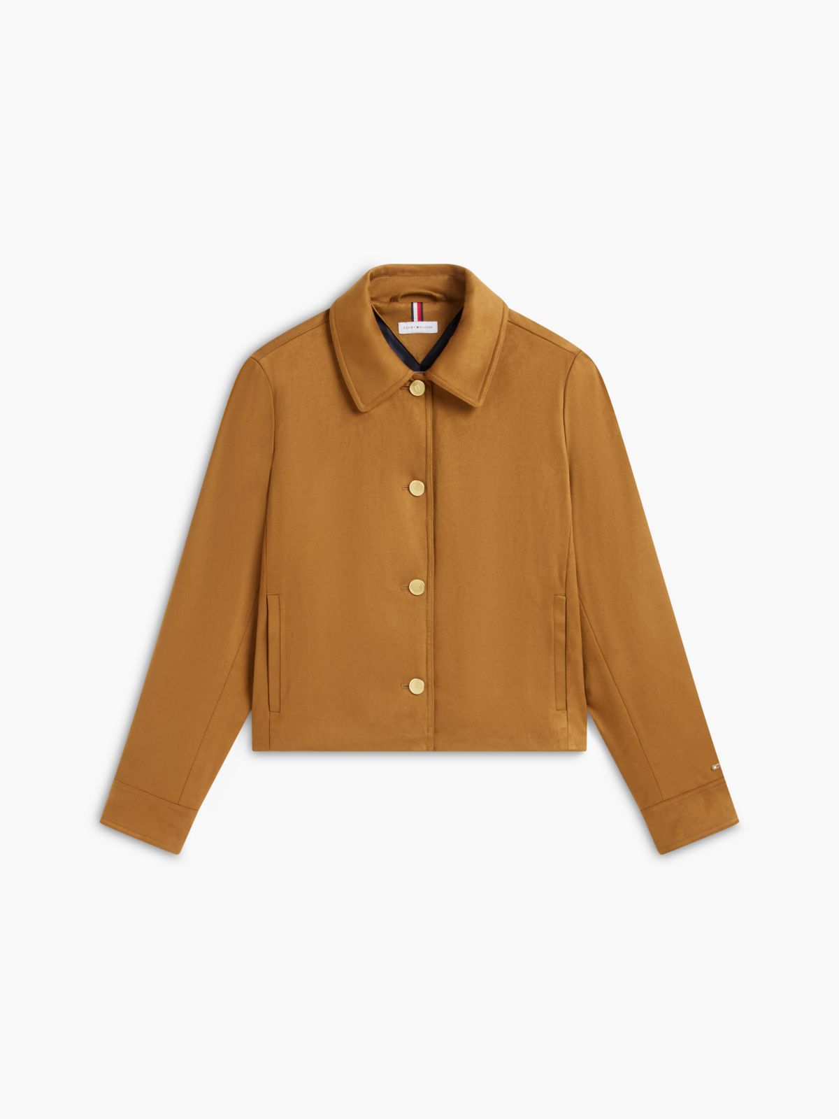 Gold-Button Faux Suede Jacket — Pure Brown