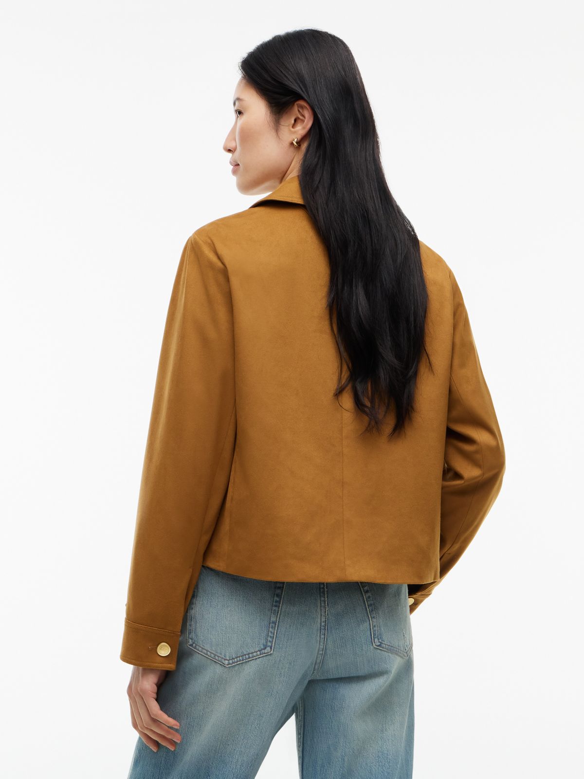 Gold-Button Faux Suede Jacket — Pure Brown