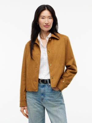 Gold-Button Faux Suede Jacket, Pure Brown