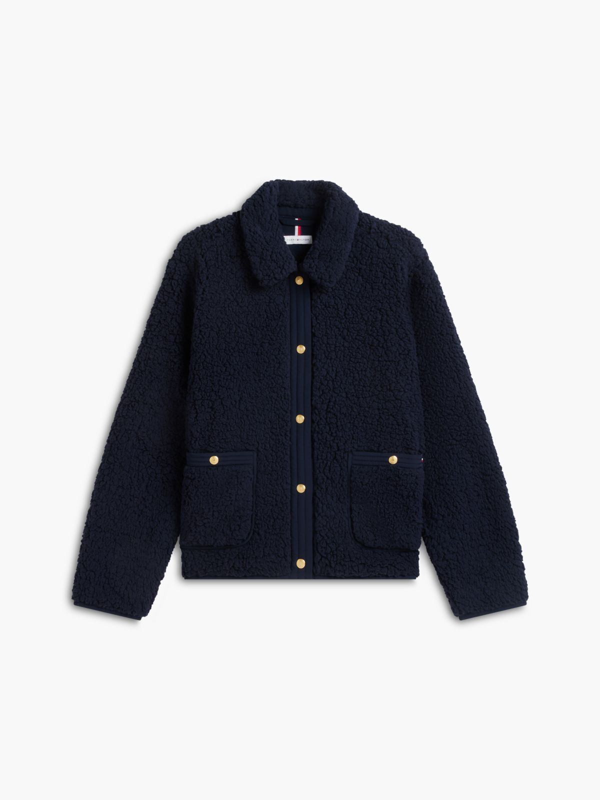 Gold-Button Teddy Fleece Jacket — Navy Blue