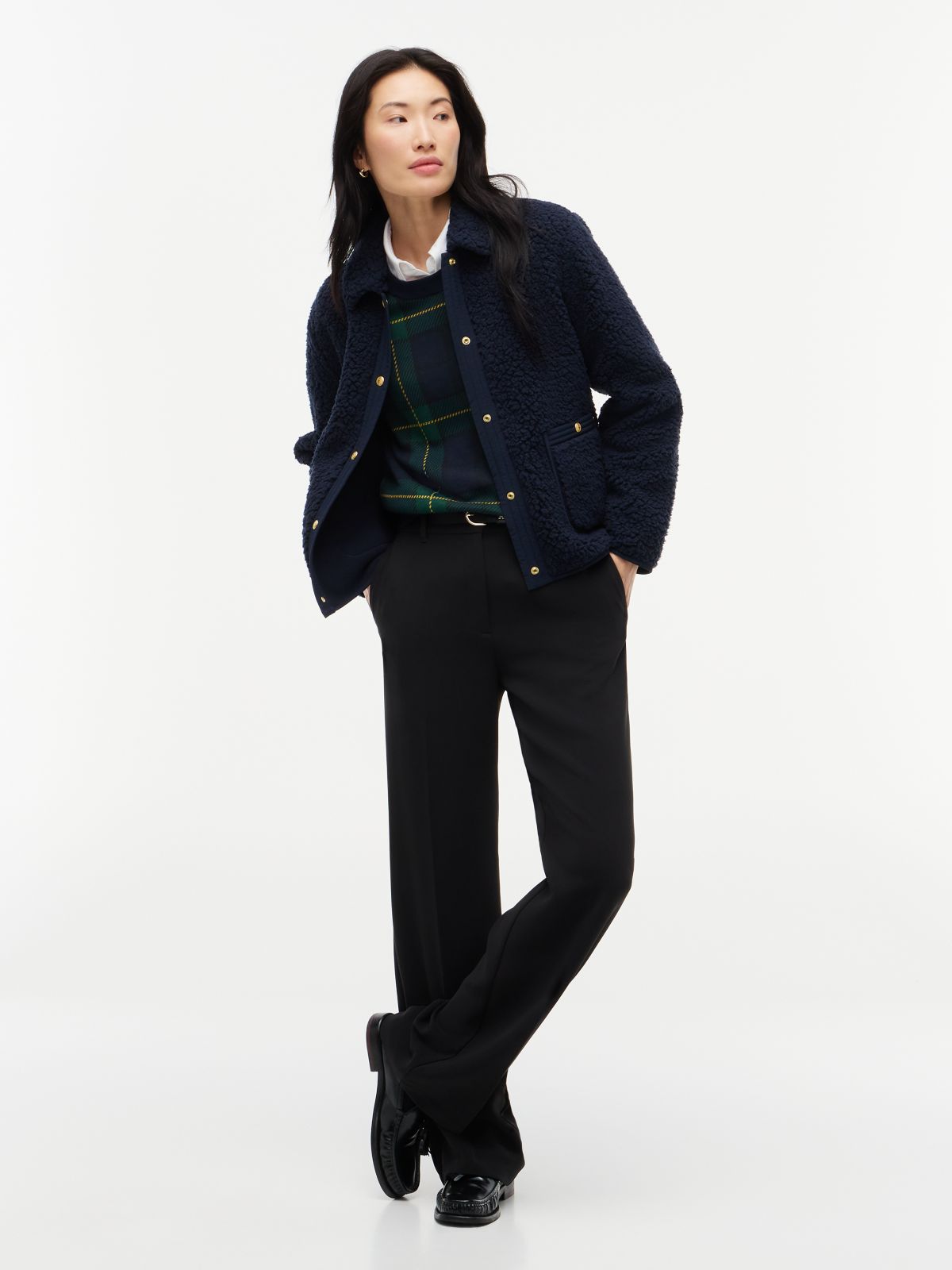 Gold-Button Teddy Fleece Jacket — Navy Blue