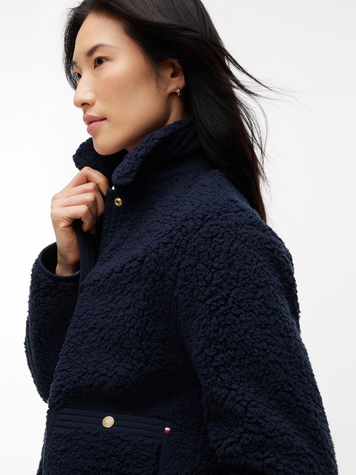Gold-Button Teddy Fleece Jacket — Navy Blue