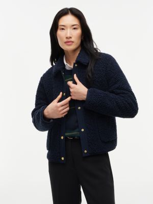 Gold-Button Teddy Fleece Jacket, Navy Blue